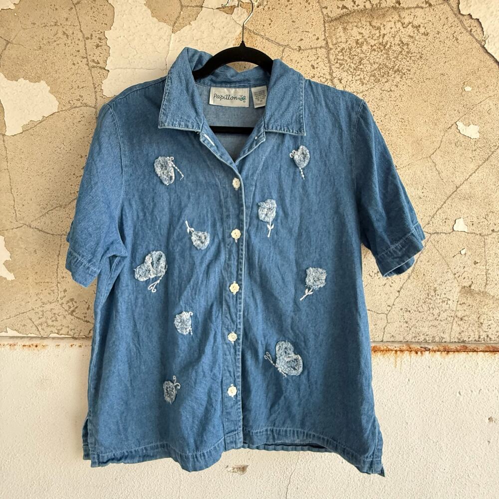 Denim Vintage Embroidered Button Up Shirt Floral‎ 90s Cotton Top Medium